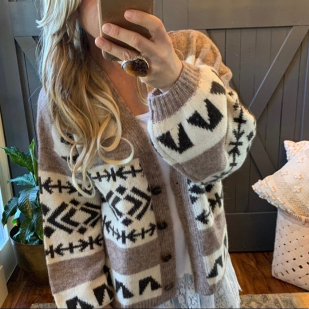 New Cowichan Print Native Knit Wool Cardigan Sweater Button Front V-Neck Top - Picture 5 of 7